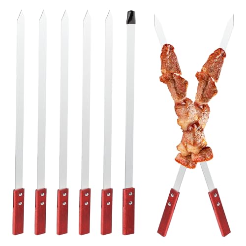 6 Stück Adana Spieße, Flache Grillspieße Edelstahl 60cm, Kebab Spieße, Schaschlikspieße Edelstahl mit Holzgriff, Fleischspieße Extra Breit 2cm, Grill-Zubehör