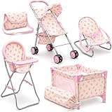 Baby Doll Stroller Bed and Seat Nursery Playset, Baby Doll Accessories Set High Chair Diaper Bag Role Play Deluxe Baby Doll Floral Set