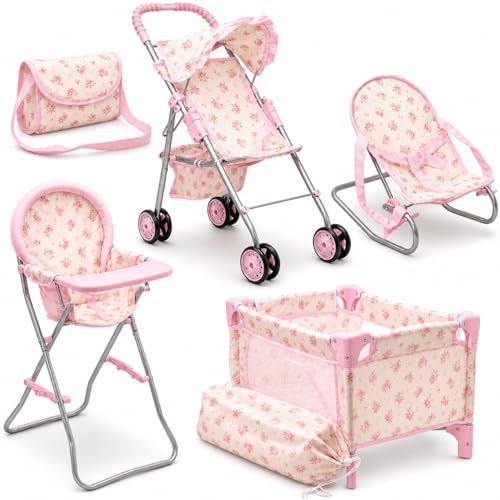 Baby Doll Stroller Bed and Seat Nursery Playset Baby Doll Accessories Set High Chair Diaper Bag Role Play Deluxe Baby Doll Floral Set