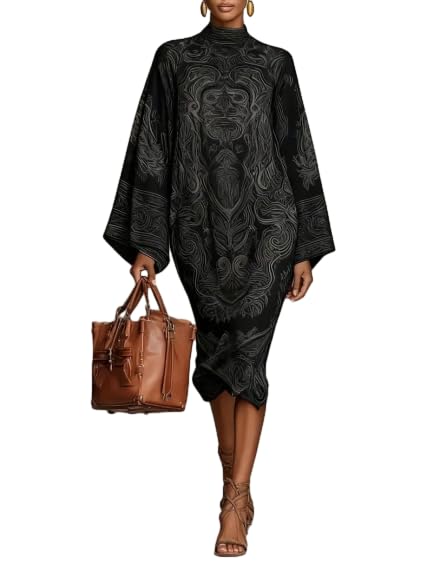 Women’s Black Gray Abstract Print Turtleneck Maxi Dress, Bell Sleeve Loose Minimal Modern Artistic Style