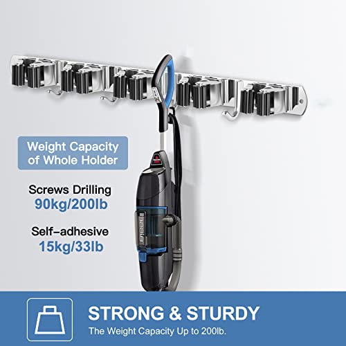 IMILLET 2 Pack Wall Mount Broom Holder Stainless Steel 5 Racks with 4 Hooks Broom Organizer Self Adhesive Heavy Duty Laundry Room, Garage Organization Storage