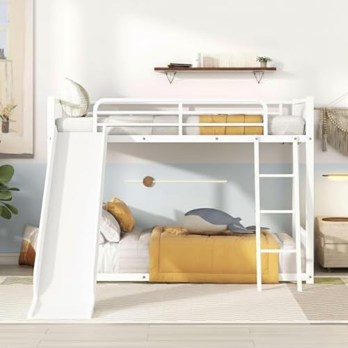 Image of Metal Bunk Bed Frame for Kids | Twin Over Twin Metal Bunk Bed with Slide for Bedroom Living Room Home (White)