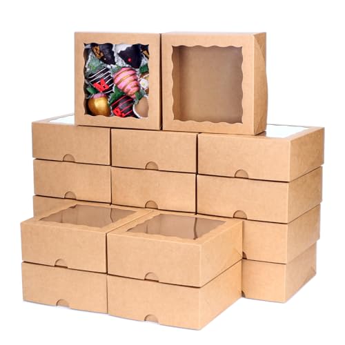 30pcs Cookie Boxes with Window, 6x6x2.5in Brown Bakery Boxes for Treats, Small Cake, Desserts, Donuts, Pastry