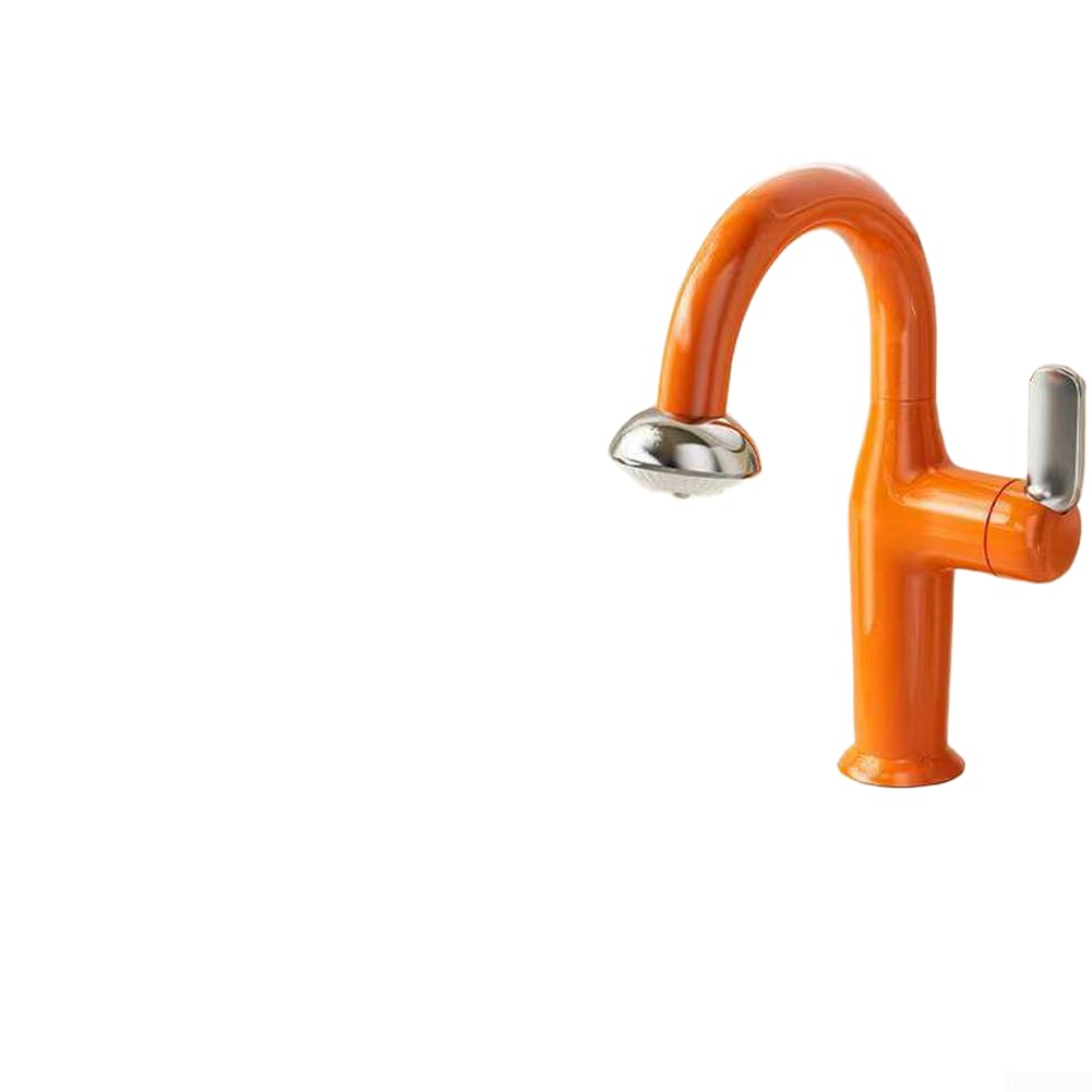 UFO Style Basin Faucet With Pull Out Spout Dual Water Flow Modes Dense Spray Soft Column 60cm Hose Extension 360 Degree Swivel Thermostatic Control Zinc Coated Copper(Bright Orange)