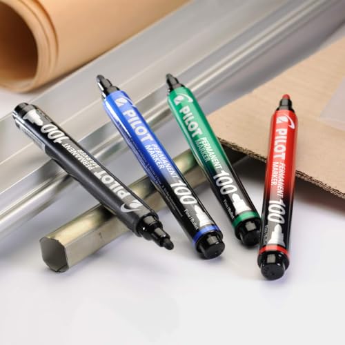 Image of PILOT Permanent Marker Bullet 100 Fine - 4 Pcs, 1 Blue + 1 Black + 1 Red + 1 Green