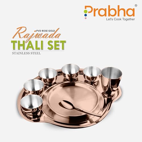 Prabha Stainless Steel Dinner Set of 9 Pcs | Shagun Rajwada Gold Thali Set For Serving | Bhojan Thal Kitchen Dinnerware Set Ideal Gifting Anniversary, Wedding | Durable, Cleanable, Useable, High Grade
