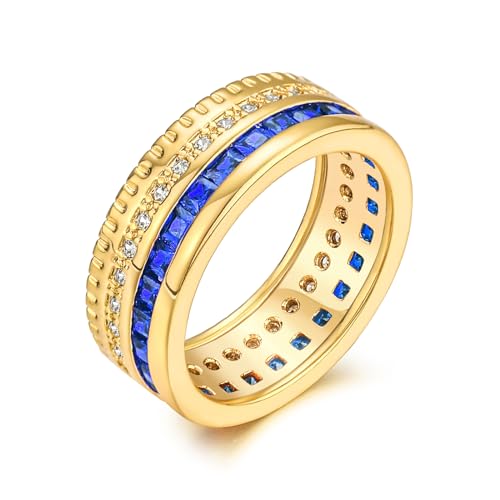 LBJIE Eternity Rainbow Rings Wedding Wide Band Ring for Women Men Champagne Gold Blue Cubic Zirconia Ring Size 8