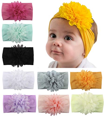 Bandanas de nylon macias para recém-nascidos com flores de chiffon para bebês