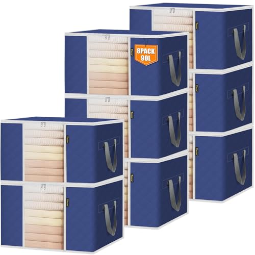 BALEINE 8 Pack Clothes Storage Bags, 24 Gallon Storage Containers with Reinforced Handle, Sturdy Zipper, Closet Organizer for Blanket, Comforter, Pillow, Bedding (Blue, 8 Pack) 8 Pack-24 Gal