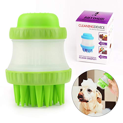Ahtimur Pet Bath Brush with Shampoo Container for Dog Cat Bathing Grooming Pet Scrubber Soft Rubber Silicone Massage Brushes Comb Bathing Tool (Green)
