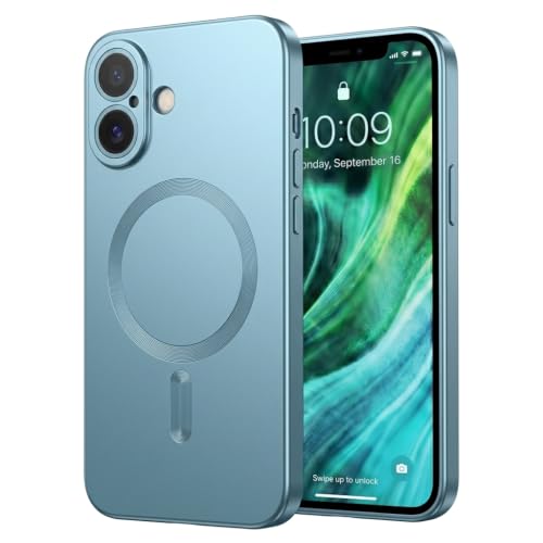Image of amazon basics Premium Mag-Safe Case for iPhone 16 | Shockproof & Anti-Scratch Cover | Soft Silicone with Wireless Charging | Camera Lens Guard - Light Blue