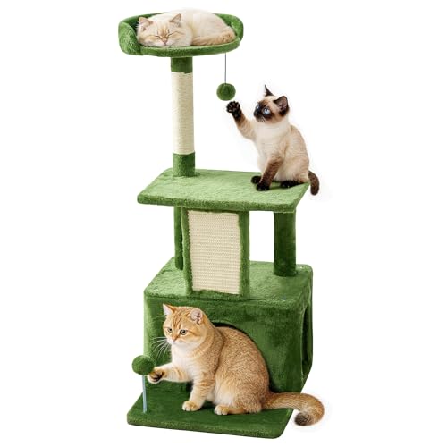 Image of 32.8inch Small Cat Tree Tower Condo for Indoor Cats, Soft Plush Multi-Level Climbing Tree Cat House with Cat Cave, Scratching Post, Sisal Rope, Green