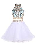 Nina Ding Two Pieces Homecoming Dresses Beaded High Neck Short Graduation Party Gowns NND020 White