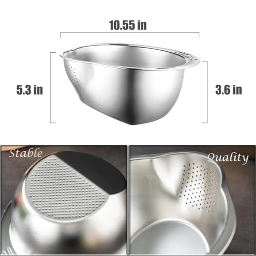 Image of Rice Washer Strainer Bowl with Side Drain Design, SUS304 Stainless Steel Rice Cleaning Colander for Washing Rice, Quinoa, Beans, Fruits & Vegetables, Kitchen Drain Bowl with Pouring Spout