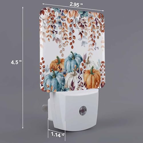 Image of Fall Thanksgiving Pumpkin Night Light Plug in LED Automatic Sensor Kids Night Lights, Farm Vintage Eucalyptus Leaves Night-Lights Plug into Wall for Bedroom Bathroom Kitchen Decor