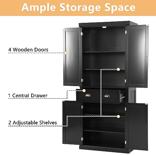KIGOTY Kitchen Pantry Dining Cabinet Storage Pantry with Drawer and Adjustable Shelves for Living Room,Bathroom or Hallway (Black, 72“H)