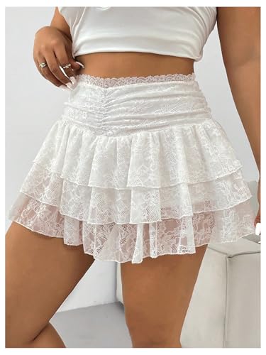 WDIRARA Women's Plus Size Lace Tiered Layer Ruffle Mini Skirt High Waist Mesh Ruched A Line Skirts4