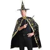FainFun Disfraz de bruja unisex para adultos, disfraz de bruja, capa de mago, para carnaval, cosplay, color negro, 120