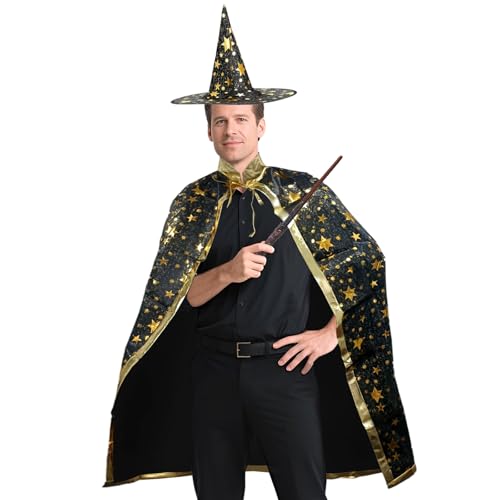 FainFun Costume doré unisexe pour adulte, costume d'Halloween, chapeau de sorcière, cape de sorcière, pour carnaval, cosplay (noir, 120)
