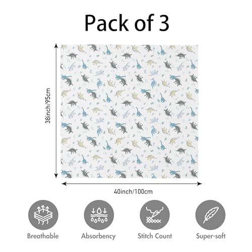 Image of Muslin Swaddle Blankets for Newborn, 3 Pack Breathable Soft Receiving Blanket, Large 38 x 40 inches Swaddle Wrap Burping Clothes Diapers, Essentials Infant Shower Items, Toddler Gift (Blue Dinosaur)