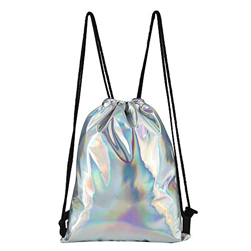 MOSSTYUS Unisex PU Leather Holographic Laser Drawstring Backpack Shiny Reflective Gym Travel String Bag Beach Daypack,Silver