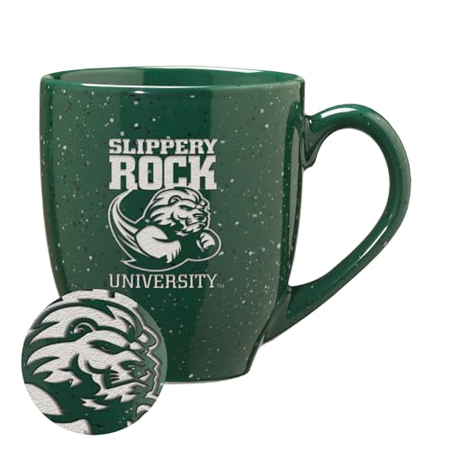 Rico Industries NCAA Slippery Rock – The Rock Primary Logo Green 16 oz Team Color Laser Engraved Speckled Ceramic Coffee Mug
