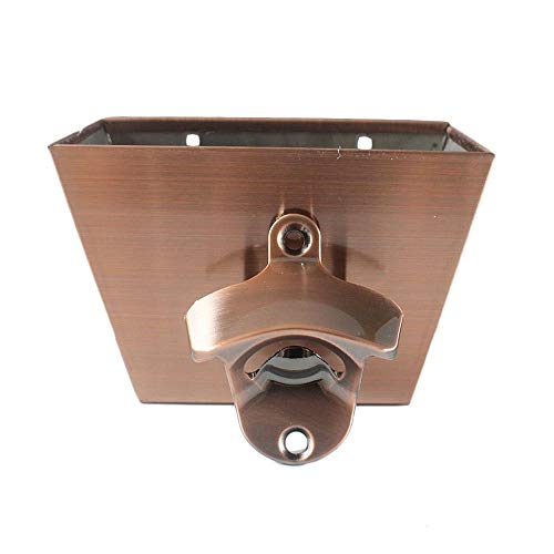 Unique Aged Copper Beer Bottle Opener Wall Mounted and Heavy Duty Retro Satin Stainless Steel Cap Catcher Bin Set ,Perfect for Restaurants, Home Bars, Kitchen,Patios, Cooler Gifts（Antique Copper）