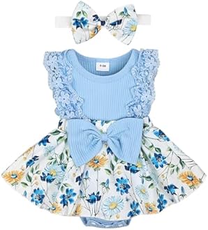 KAFIREN Baby Girl Clothes Newborn Romper Dress Infant Lace Ruffle Sleeveless Summer Outfits with Headband 0-12 Months