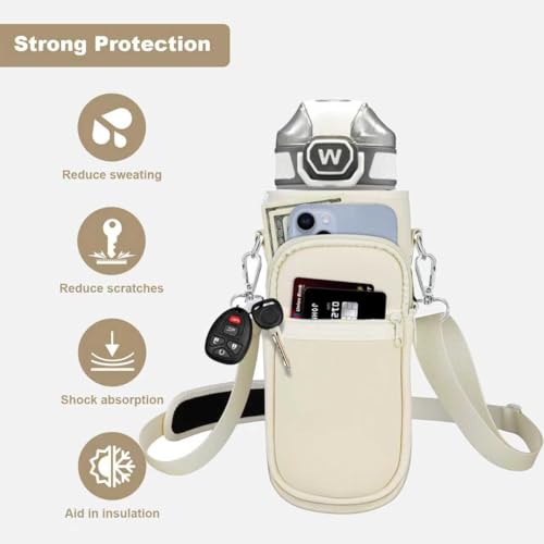 Image of Water Bottle Holder with Strap, Insulated Crossbody Sling Bag, Carrier with Phone Pocket for Walking Hiking Camping Fishing, Beige 01, 32oz Long, Sporty