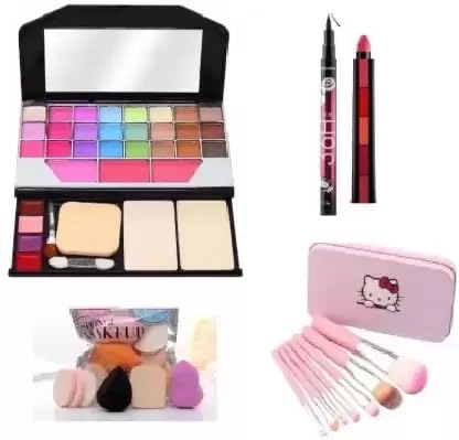KAARM Women's and Girl's TYA 6155 Multicolour Makeup Kit with 7 Pink Makeup Brushes Set, 6 Multicolor Beauty Blenders, 36H Liner, 1 Lipstick - (Pack of 16)