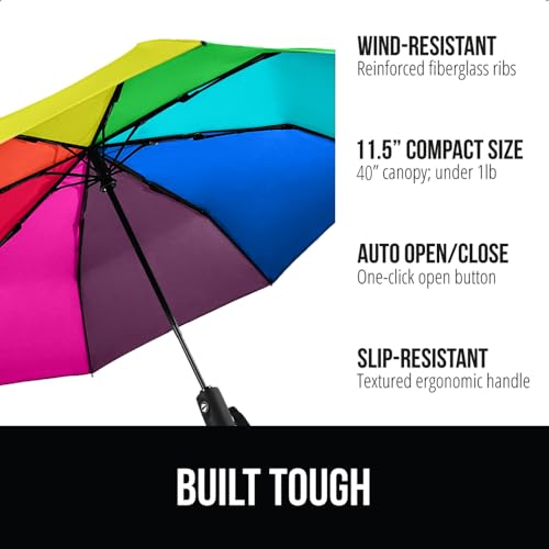 Image of GORILLA GRIP Compact Travel Size Umbrella for Rain, Sleek Design Fits Backpack, Purse and Carry On, Lightweight Under 1lb, One Click Open and Close, Wind Resistant, Durable Waterproof, Rainbow