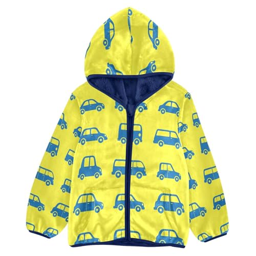 Blue Cars on Yellow Toddler Fleece Jacket Girl Boys Hooded Fleece Jacket Coat Warm Outwear Zip-up 3-10T