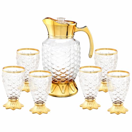Image of Crystal Golden Water and Juice Glasses Set of 6 and Jug 1 piece Transparent, Glass and Jug Set for Dining Table,Party,Gift Set,All pourpse use Set of 1 (7 piece) (MT-7)