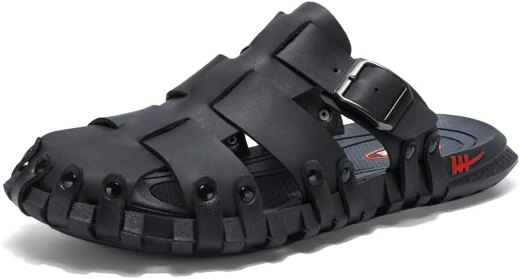 Mens Leather Beach Slides Sandals For Men Closed Toe Hiking Outdoor Athletic Casual Walking Sandals Water Shoes Summer Fisherman