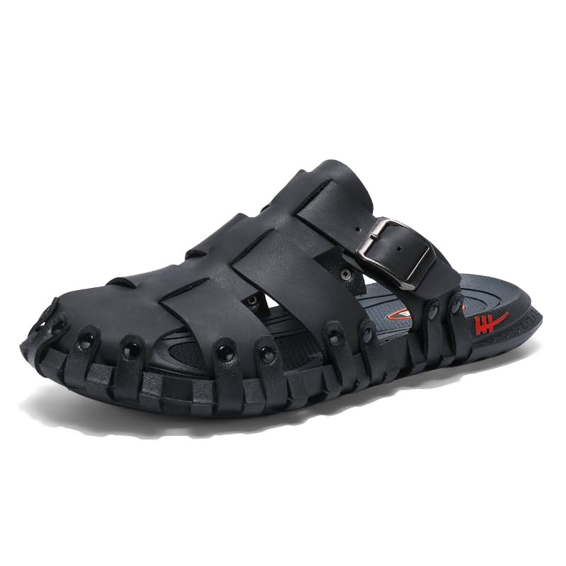 Image of Mens Leather Beach Slides Sandals For Men Closed Toe Hiking Outdoor Athletic Casual Walking Sandals Water Shoes Summer Fisherman