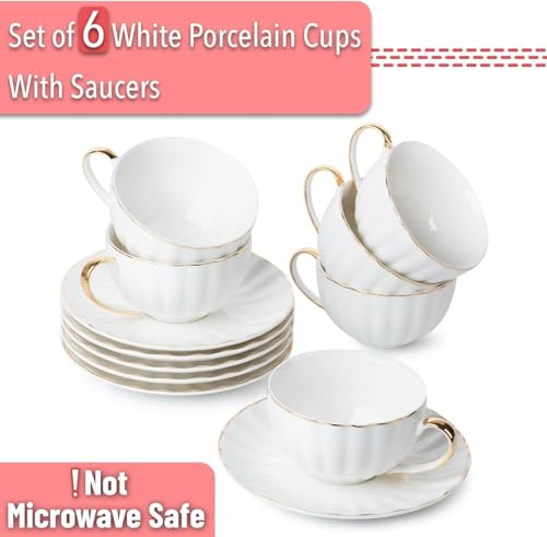 Image of Tableware Tea Cups and Saucers Set of 6 (180 Ml), Porcelain White Tea Cup Set with Golden Trim, Dishwasher Safe for Tea Milk & Coffee Chai, Teacup Set Mug