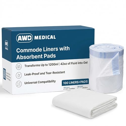 100 PACK - Commode Liners with Absorbent Pads - Adults Commode Bag Compatible with Most Toilets - Portable Commode Liners with Gel Pads - Disposable Bedside Toilet Liner Bags for Adult Potty Chair