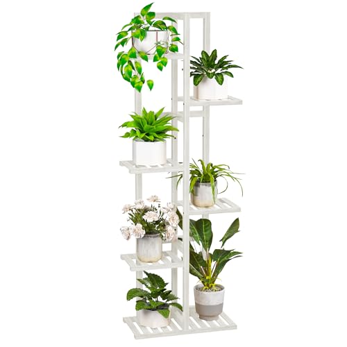 ROMGUAR CRAFT 6 Tier Bamboo Plant Stand Indoor Wood Tall Flower Holder Corner Tiered Plant Shelf for Multiple Plants (White)