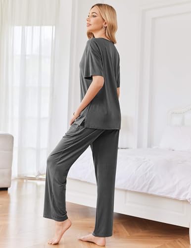 Image of Ekouaer Womens Ribbed Knit Lounge Set Short Sleeve Top and Long Pants Sleepwear Pajama Set Two Piece Matching Outfits Set