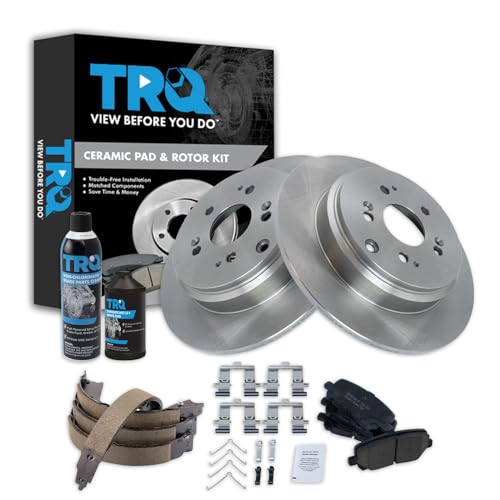 Image of TRQ Rear Brake Pad & Rotor Kit, with Chemical Kit Parking Brake Shoe Set Ceramic Compatible with 2007-2013 Acura MDX 2010-2013 ZDX 2009-2015 Honda Pilot
