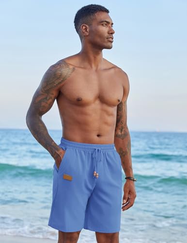 Image of COOFANDY Mens Casual Linen Shorts Elastic Waist Drawstring Loose Fit Summer Beach Vacation Shorts with Pockets