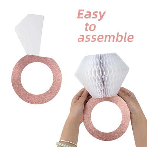 Image of 3 Pieces Honeycomb Diamond Ring Hanging Decorations for Wedding Party Bridal Shower Engagement - Glitter Gold Paper Balls Supplies for Engaged Decor (Rose Gold)