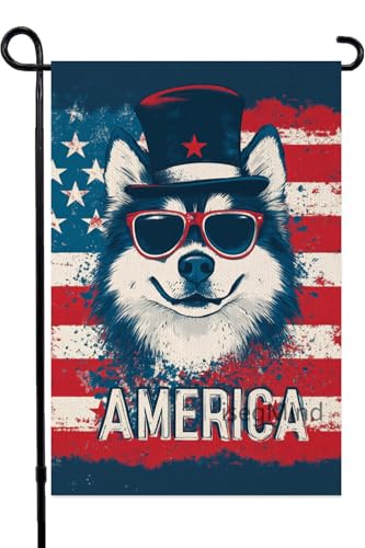 IsegMind Welcome 4th of July Husky Garden Flag, American USA Flag Stars Stripes Yard Outside Decorations, Summer Outdoor Small Home Decor Double Sided 12x18 Inch (7509)