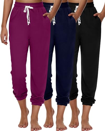 Ficerd 3 Pcs Women's Joggers Pants Casual Soft Sweatpants Lounge Pants High Waisted Athletic Joggers with Pockets(Medium,Black, Navy Blue, Purple Red)