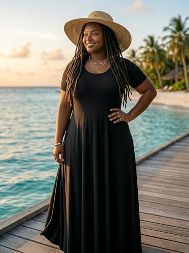 Image of SUZONANA Plus Size Maxi Dress for Curvy Women Summer Casual Sundress Short Sleeve Loose Vacation Dress