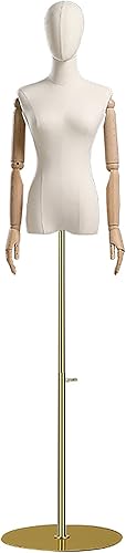 Forma de vestido de maniquí femenino con brazo de madera móvil, cuerpo ajustable para mujer con base de metal, tela de lino, base redonda