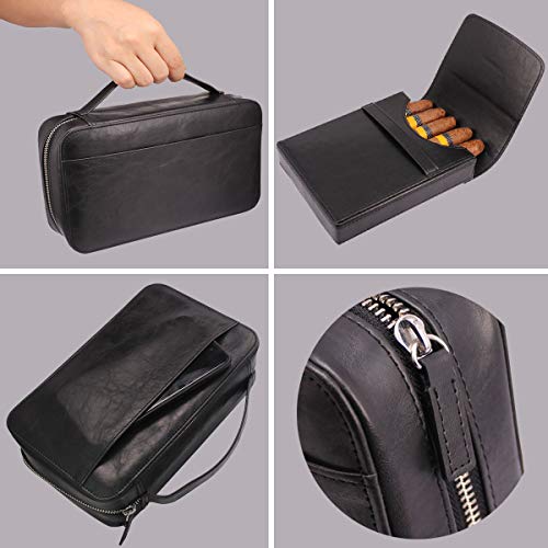 Amancy Luxury Black Leather 5 Holder Cigar Humidor Case,Elegant Cigar Bag Pouch With Several Inner Accessory Pockets, Specialized Cigar Cutter And Lighter Contained #TOP1