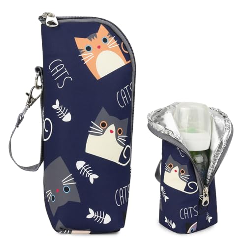 VAEIORP Chauffe-Biberon Universel et Portable, Sac Isotherme Biberon et Thermos Biberon Bebe avec Sangle, pour Poussette et Voyage en Plein Air (Chaton Bleu)
