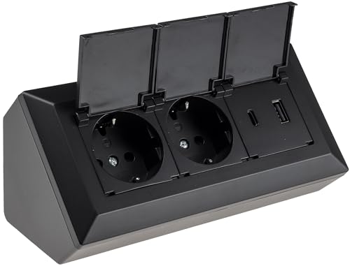 ChiliTec Bloque de 2 enchufes con tapa abatible USB-A USB-C PD 230 V para cocina, oficina, taller, color negro