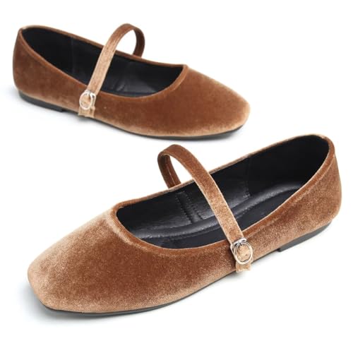 Hee grand Velvet Flats for Women Retro Square Toe Mary Jane Shoes Comfortable Buckle Strap Ballet Flats,Brown 92